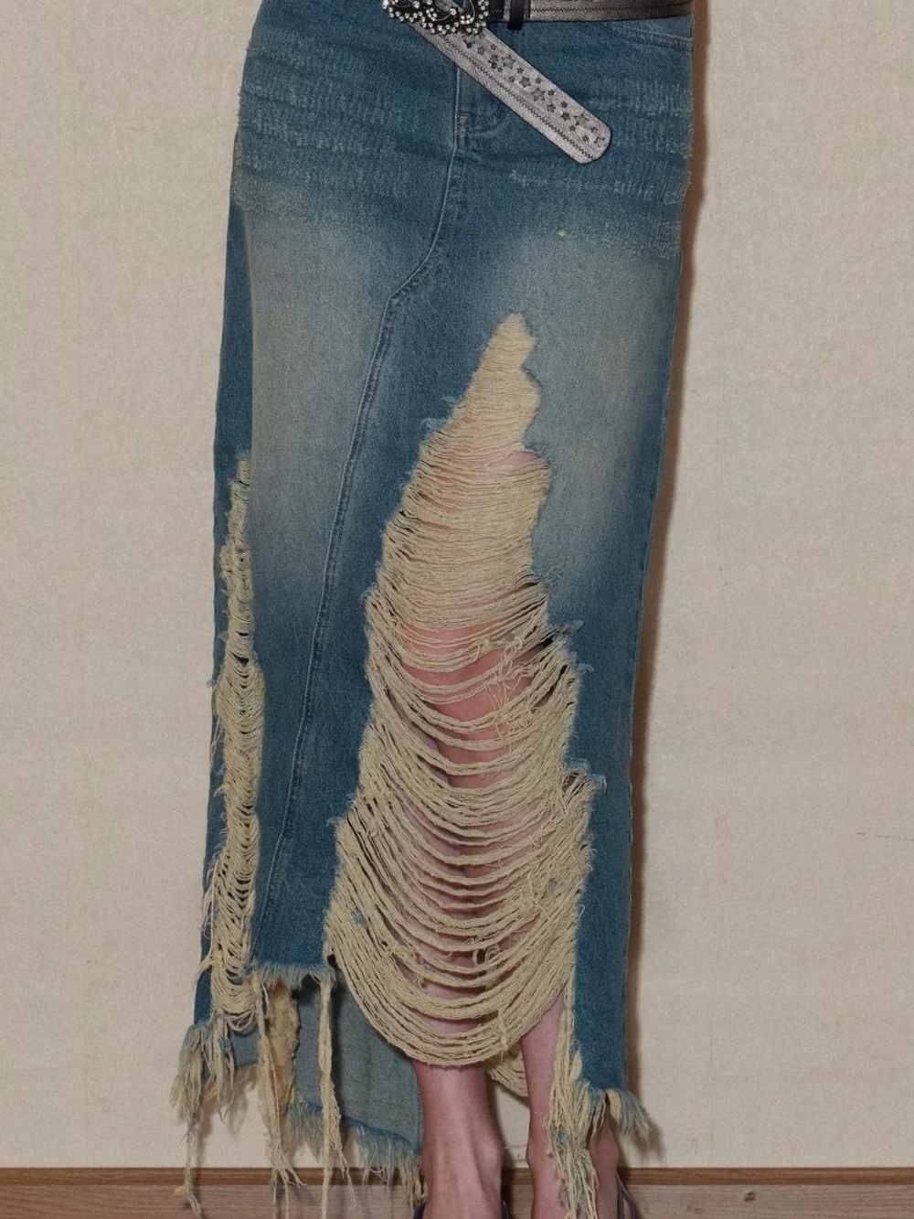 Distressed Denim Maxi Skirt in Light Blue